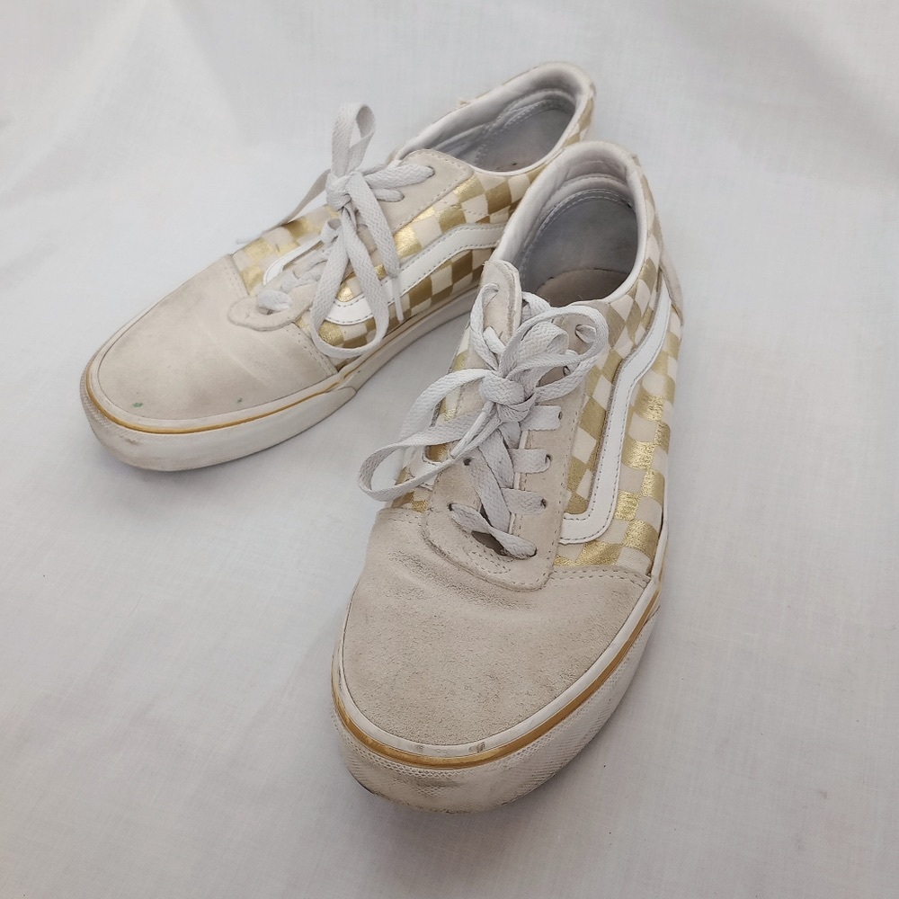 Stylish White and Gold Checkered Sneakers
